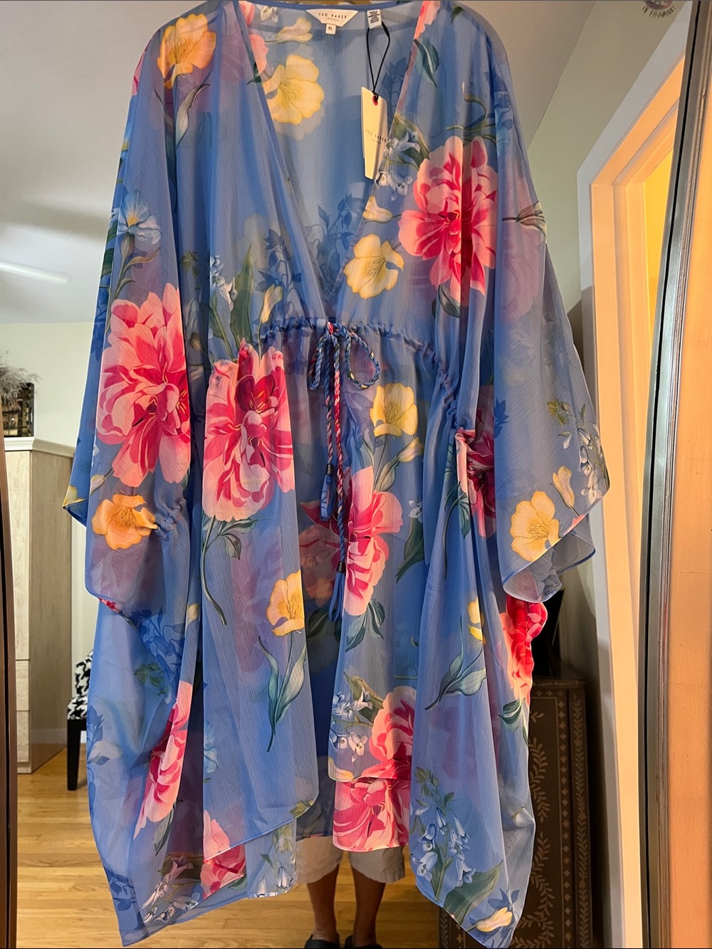 Blue Floral Swimsuit Cover wDrawstring Waist